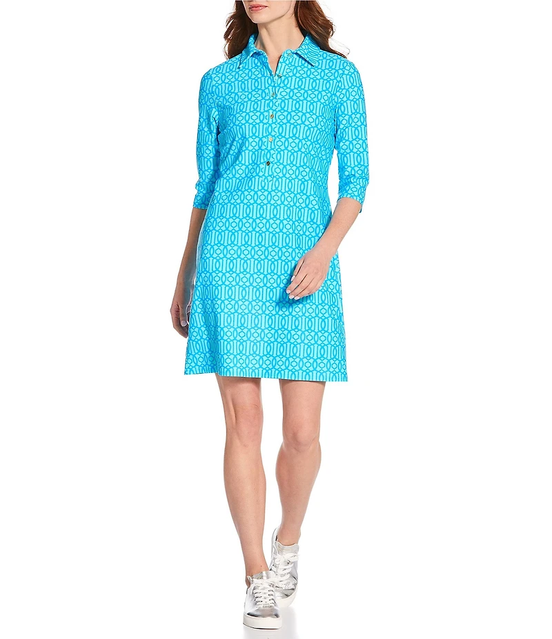 Jude Connally Susanna Bamboo Dot Seaglass Print Point Collar 3/4 Sleeve Polished Classic Shirt Dress