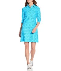 Jude Connally Susanna Bamboo Dot Seaglass Print Point Collar 3/4 Sleeve Polished Classic Shirt Dress