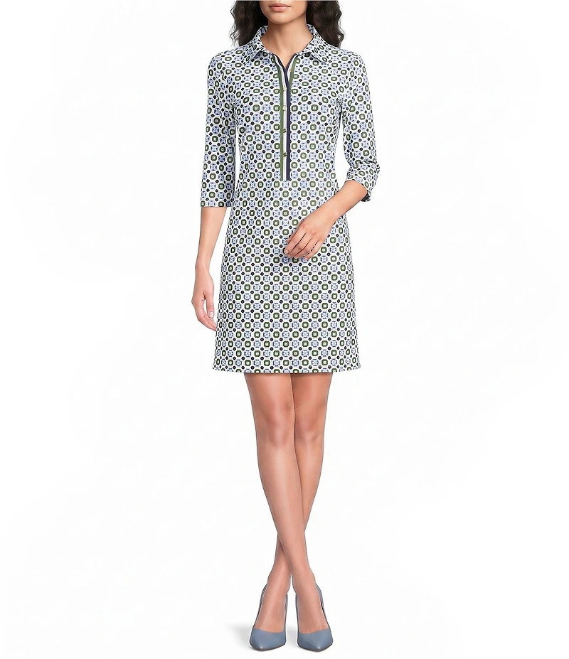 Jude Connally Susanna Birdseye Geo Combo Point Collar 3/4 Sleeve Polished Classic Shirt Dress