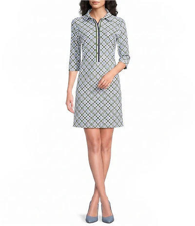 Jude Connally Susanna Birdseye Geo Combo Point Collar 3/4 Sleeve Polished Classic Shirt Dress