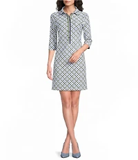 Jude Connally Susanna Birdseye Geo Combo Point Collar 3/4 Sleeve Polished Classic Shirt Dress