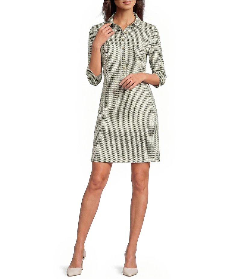 Jude Connally Susanna Braided Geo Loden Point Collar 3/4 Sleeve Polished Classic Shirt Dress