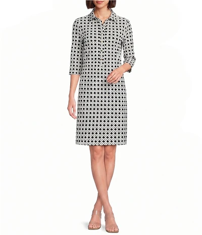 Jude Connally Susanna Petite Rattan Black Point Collar 3/4 Sleeve Polished Classic Shirt Dress