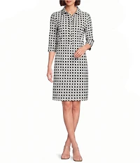 Jude Connally Susanna Petite Rattan Black Point Collar 3/4 Sleeve Polished Classic Shirt Dress