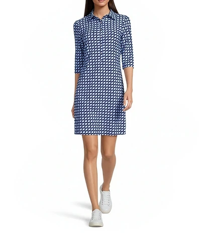 Jude Connally Susanna Square Dot Print Point Collar 3/4 Sleeve Polished Classic Shirt Dress