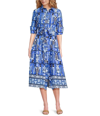 Jude Connally Sutton Seaside Catch Print Point Collar 3/4 Sleeve Tie Waist Midi Dress