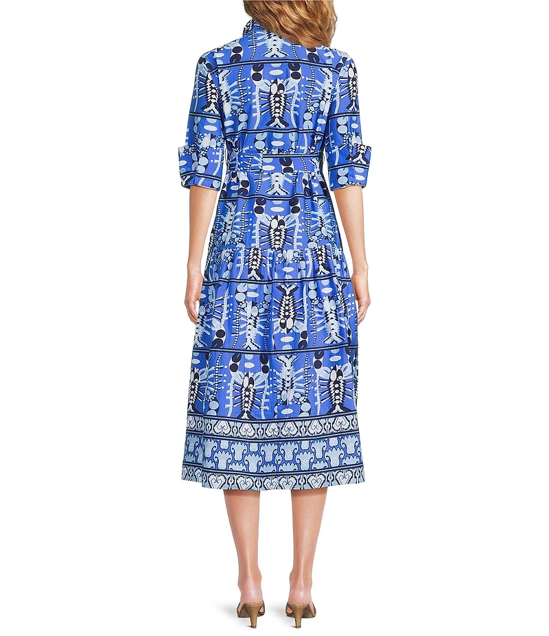 Jude Connally Sutton Seaside Catch Print Point Collar 3/4 Sleeve Tie Waist Midi Dress
