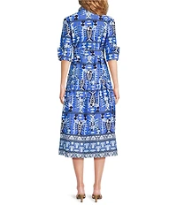 Jude Connally Sutton Seaside Catch Print Point Collar 3/4 Sleeve Tie Waist Midi Dress