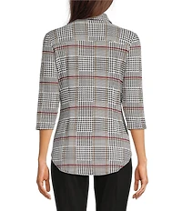 Jude Connally Sylvia Glen Plaid Print Knit Jude Cloth Point Collar Long Sleeve Button Front Top