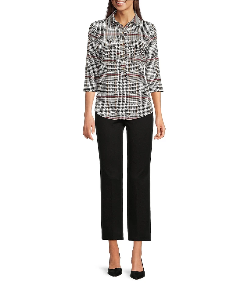 Jude Connally Sylvia Glen Plaid Print Knit Jude Cloth Point Collar 3/4 Sleeve Button Front Top