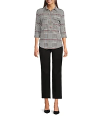 Jude Connally Sylvia Glen Plaid Print Knit Jude Cloth Point Collar 3/4 Sleeve Button Front Top