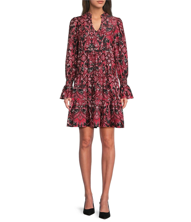 Jude Connally Tammi Paisley Amore Print Jude Cloth Stretch Knit Split V-Neck Ruffle Sleeve Tiered Dress