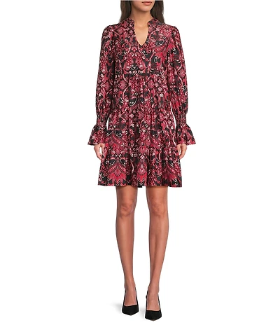 Jude Connally Tammi Paisley Amore Print Jude Cloth Stretch Knit Split V-Neck Ruffle Sleeve Tiered Dress