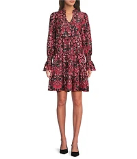 Jude Connally Tammi Paisley Amore Print Jude Cloth Stretch Knit Split V-Neck Ruffle Sleeve Tiered Dress