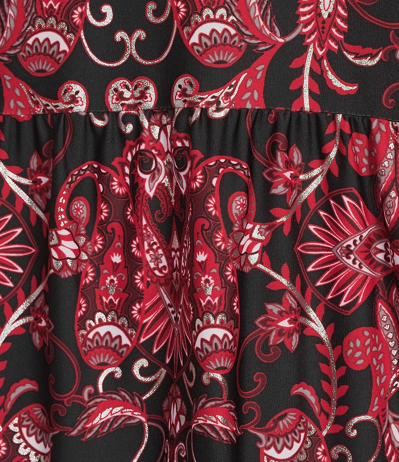 Jude Connally Tammi Paisley Amore Print Jude Cloth Stretch Knit Split V-Neck Ruffle Sleeve Tiered Dress