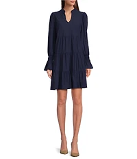 Jude Connally Tammi Stretch Jude Cloth Knit Split V-Neck Long Ruffled Sleeve Tiered Dress