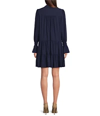 Jude Connally Tammi Stretch Jude Cloth Knit Split V-Neck Long Ruffled Sleeve Tiered Dress