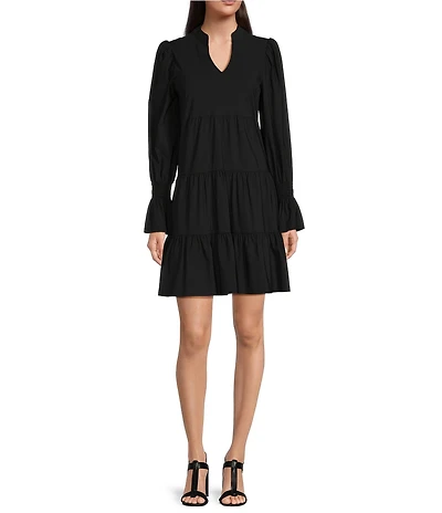 Jude Connally Tammi Stretch Jude Cloth Knit Split V-Neck Long Ruffled Sleeve Tiered Dress