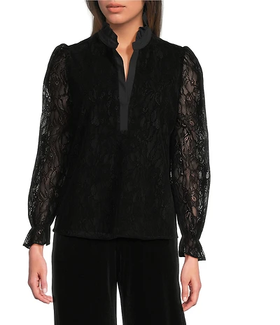 Jude Connally Teri Flocked Lace Scallop Ruffle Neck Long Sleeve Top