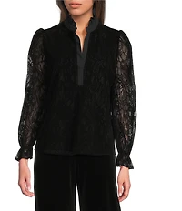 Jude Connally Teri Flocked Lace Scallop Ruffle Neck Long Sleeve Top