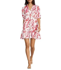 Jude Connally Tierney Gilded Peacock Garden Print Knit Point Collar V-Neck Short Puff Sleeve Drop Waist Flounce Hem Dress