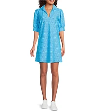 Jude Connally Tillie Bamboo Dot Seaglass Print Ultralight Jude Cloth Drape Crew Neck Cap Sleeve Dress