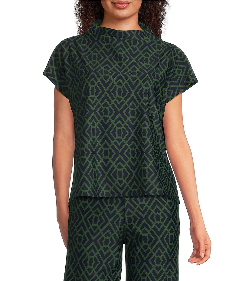Jude Connally Tillie Garden Lattice Print Coordinating Ultralight Jude Cloth Drape Crew Neck Cap Sleeve Top