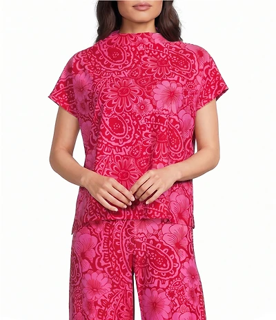 Jude Connally Tillie Painted Paisley Print Coordinating Ultralight Jude Cloth Drape Crew Neck Cap Sleeve Top
