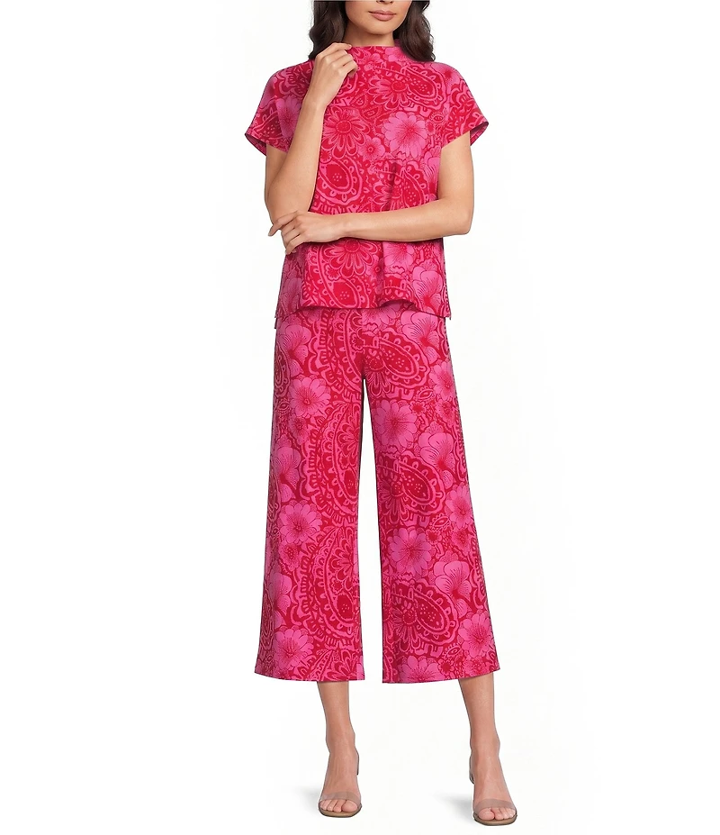 Jude Connally Tillie Painted Paisley Print Coordinating Ultralight Jude Cloth Drape Crew Neck Cap Sleeve Top