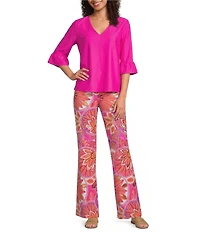 Jude Connally Trixie Jude Cloth Knit Stained Glass Print Wide-Leg Pull-On Pants