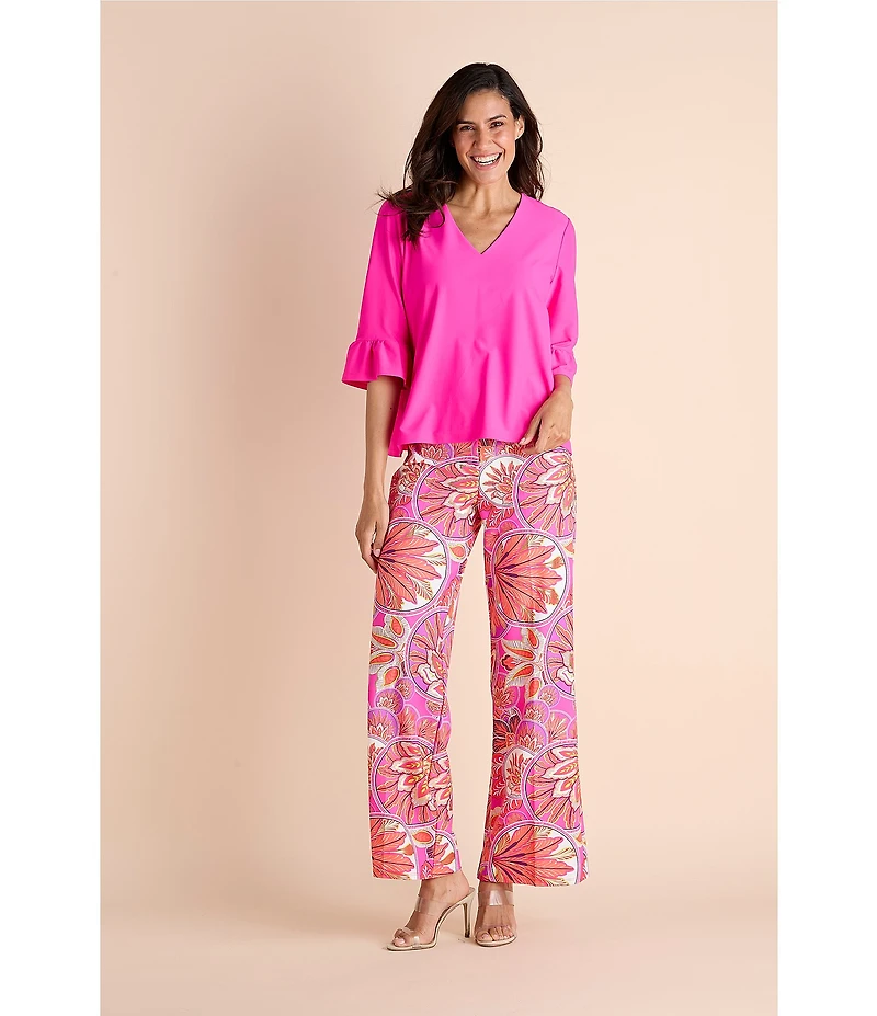 Jude Connally Trixie Jude Cloth Knit Stained Glass Print Wide-Leg Pull-On Pants