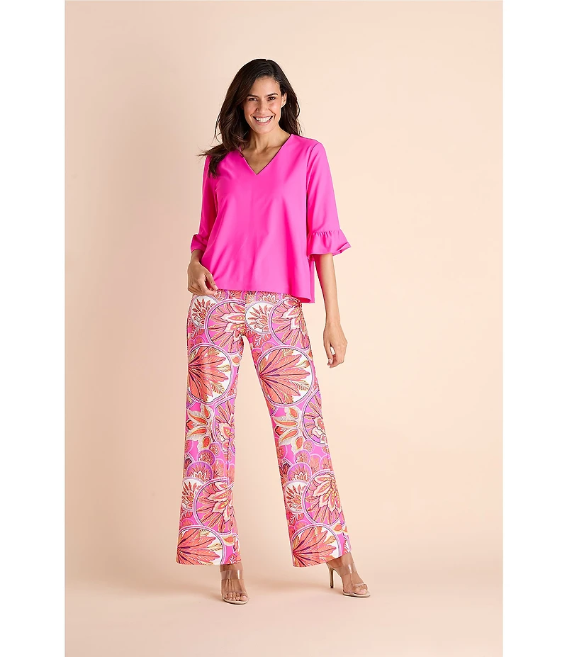 Jude Connally Trixie Jude Cloth Knit Stained Glass Print Wide-Leg Pull-On Pants