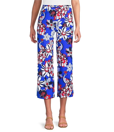Jude Connally Trixie Twirling Peacock Print Stretch Knit Wide Leg Cropped Coordinating Pull-On Pants