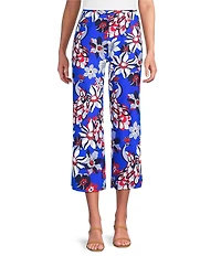 Jude Connally Trixie Twirling Peacock Print Stretch Knit Wide Leg Cropped Coordinating Pull-On Pants