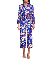 Jude Connally Trixie Twirling Peacock Print Stretch Knit Wide Leg Cropped Coordinating Pull-On Pants