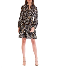 Julia Jordan Abstract Printed Satin V-Neck Long Sleeve A-Line Dress