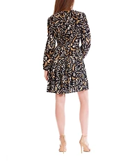 Julia Jordan Abstract Printed Satin V-Neck Long Sleeve A-Line Dress