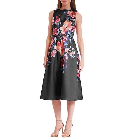 Julia Jordan Boat Neck Floral Print Belted A-Line Midi Dress