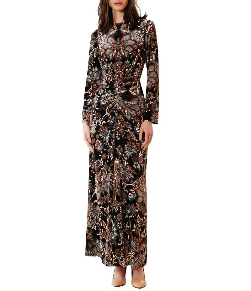Julia Jordan Boat Neck Long Sleeve Ruched Front Printed Velvet Maxi Dress