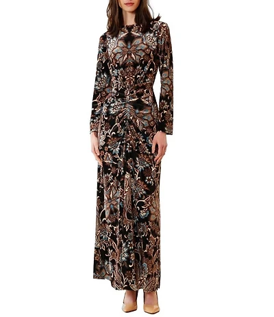 Julia Jordan Boat Neck Long Sleeve Ruched Front Printed Velvet Maxi Dress