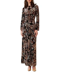 Julia Jordan Boat Neck Long Sleeve Ruched Front Printed Velvet Maxi Dress
