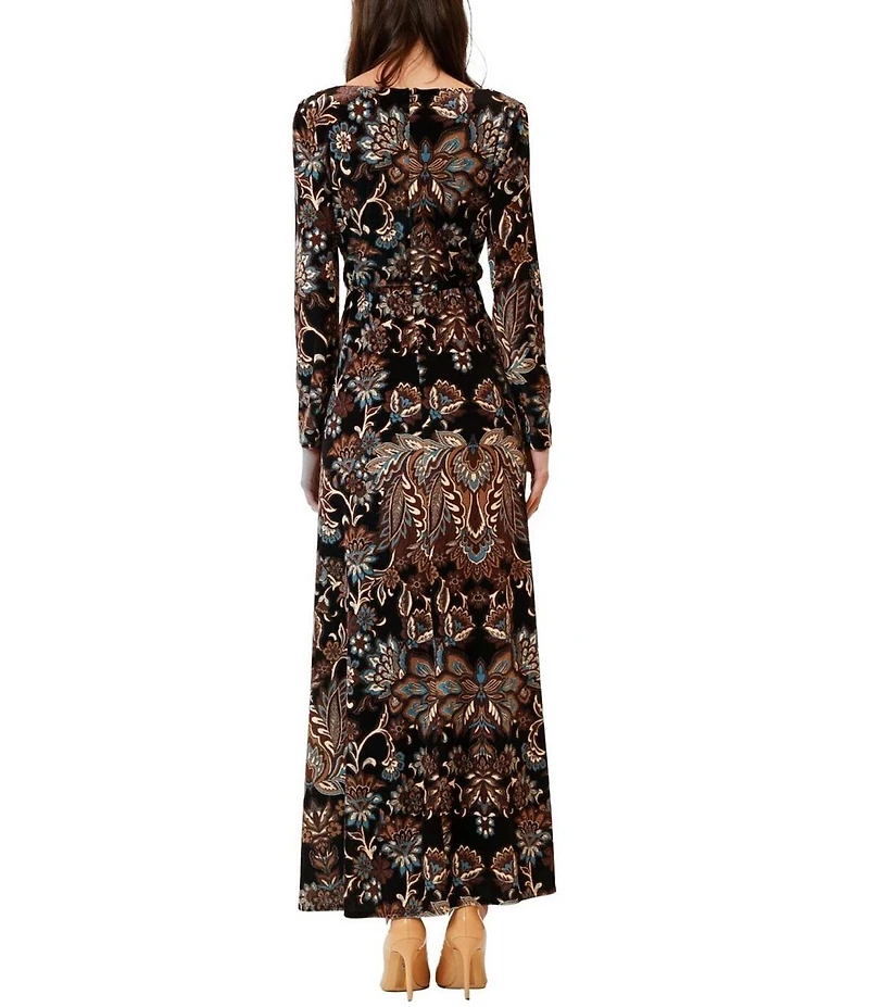 Julia Jordan Boat Neck Long Sleeve Ruched Front Printed Velvet Maxi Dress