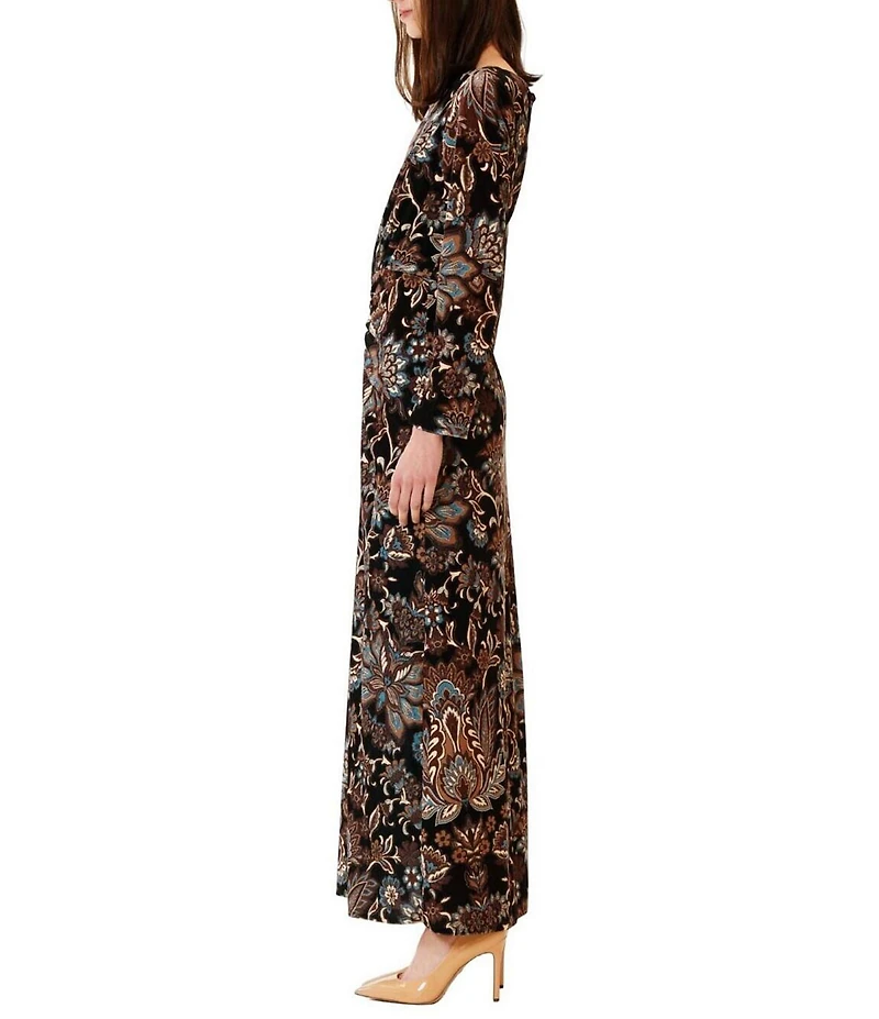 Julia Jordan Boat Neck Long Sleeve Ruched Front Printed Velvet Maxi Dress