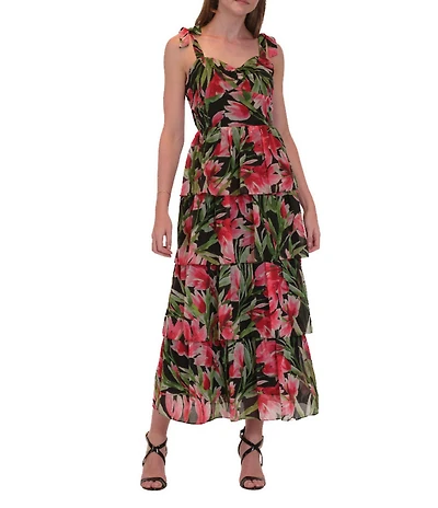 Julia Jordan Bow Shoulder Floral Print Chiffon Tiered Midi Dress