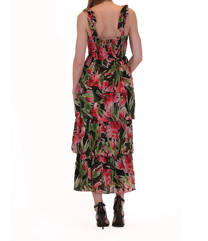 Julia Jordan Bow Shoulder Floral Print Chiffon Tiered Midi Dress