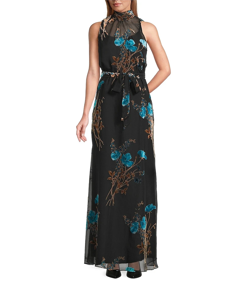 Julia Jordan Burnout Velvet Floral Motif Mock Neck Sleeveless A-Line Maxi Dress