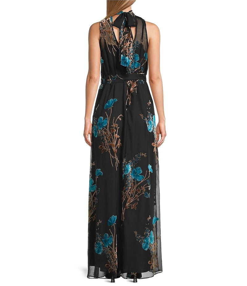 Julia Jordan Burnout Velvet Floral Motif Mock Neck Sleeveless A-Line Maxi Dress