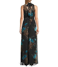 Julia Jordan Burnout Velvet Floral Motif Mock Neck Sleeveless A-Line Maxi Dress