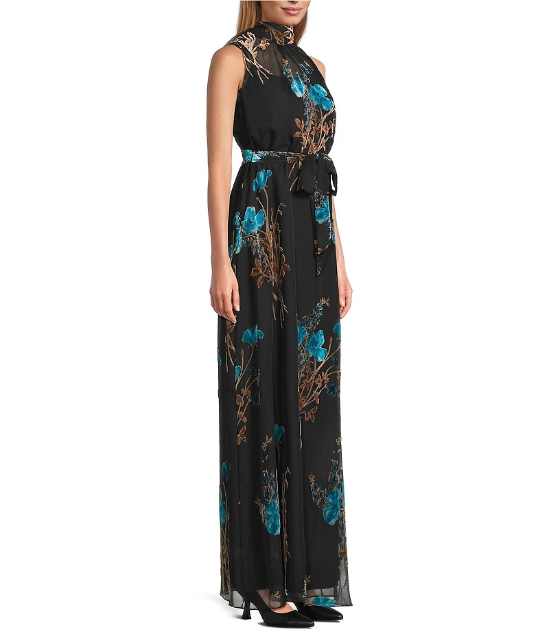 Julia Jordan Burnout Velvet Floral Motif Mock Neck Sleeveless A-Line Maxi Dress