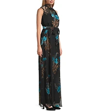 Julia Jordan Burnout Velvet Floral Motif Mock Neck Sleeveless A-Line Maxi Dress
